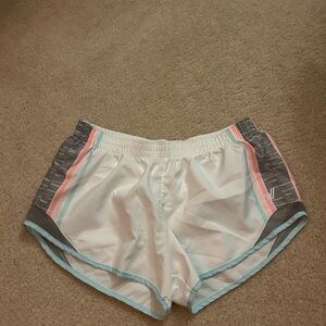 Varsity White and Gray Athletic Shorts with Pink and Blue Accents